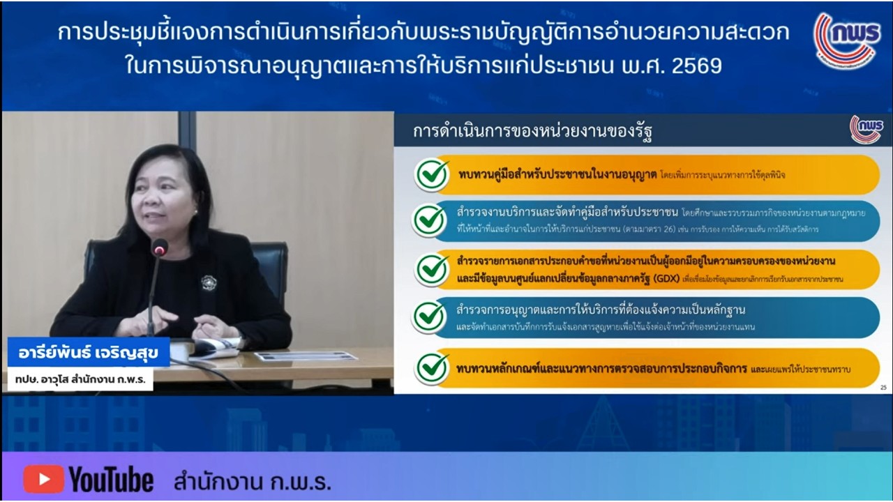 title - เข้าร่วมรับฟังการชี้แจงพระราชบัญญัติการอำนวยความสะดวกในการพิจารณาอนุญาตและการให้บริการแก่ประชาชน พ.ศ.&nbsp;2569 ผ่านสื่ออิเล็กทรอนิกส์ (ผ่านระบบออนไลน์&nbsp;YouTube Live สำนักงาน ก.พ.ร.) 